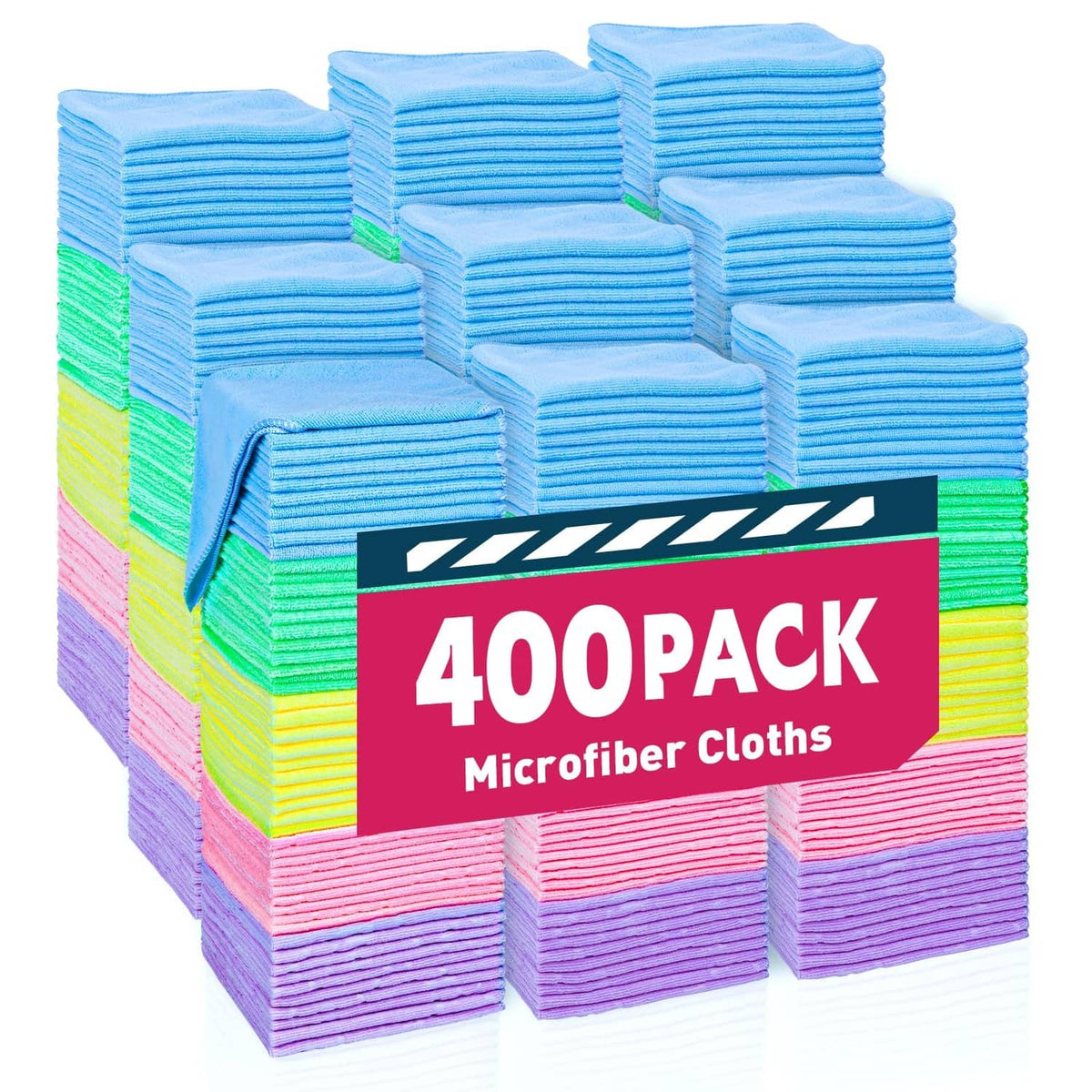 Pack of microfiber cleaning towels, stacked in blue, green, purple, pink, and yellow
