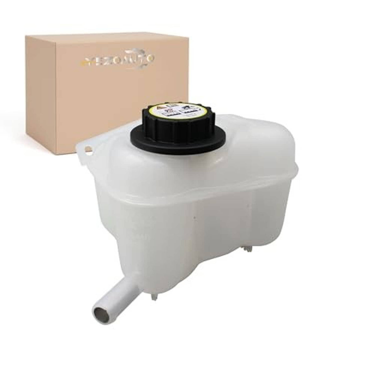 White coolant overflow reservoir with black cap and molded mounting bracket