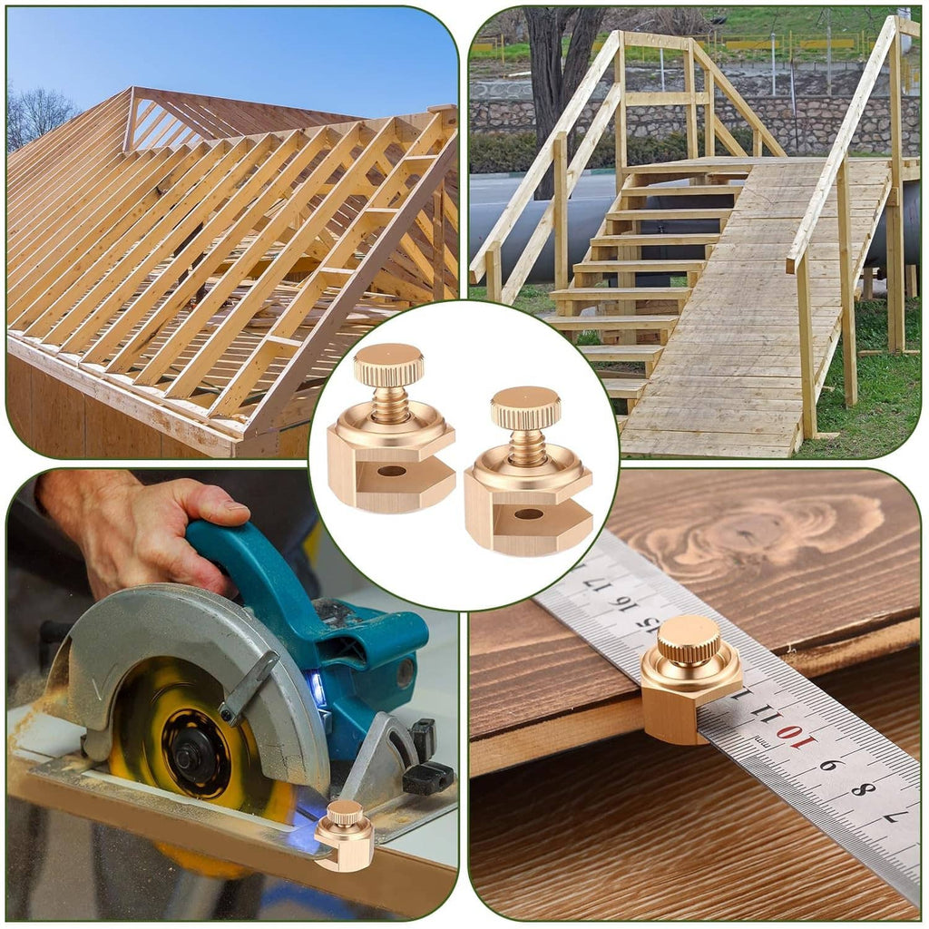 Stair gauge clamp used on wood with framing square and measuring ruler on site