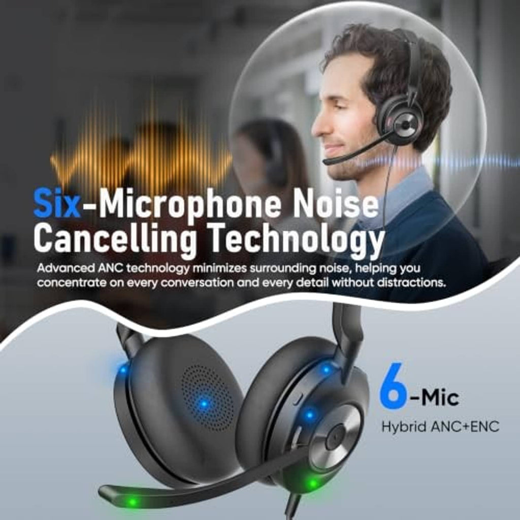Over-ear black headset with boom microphone worn by a person