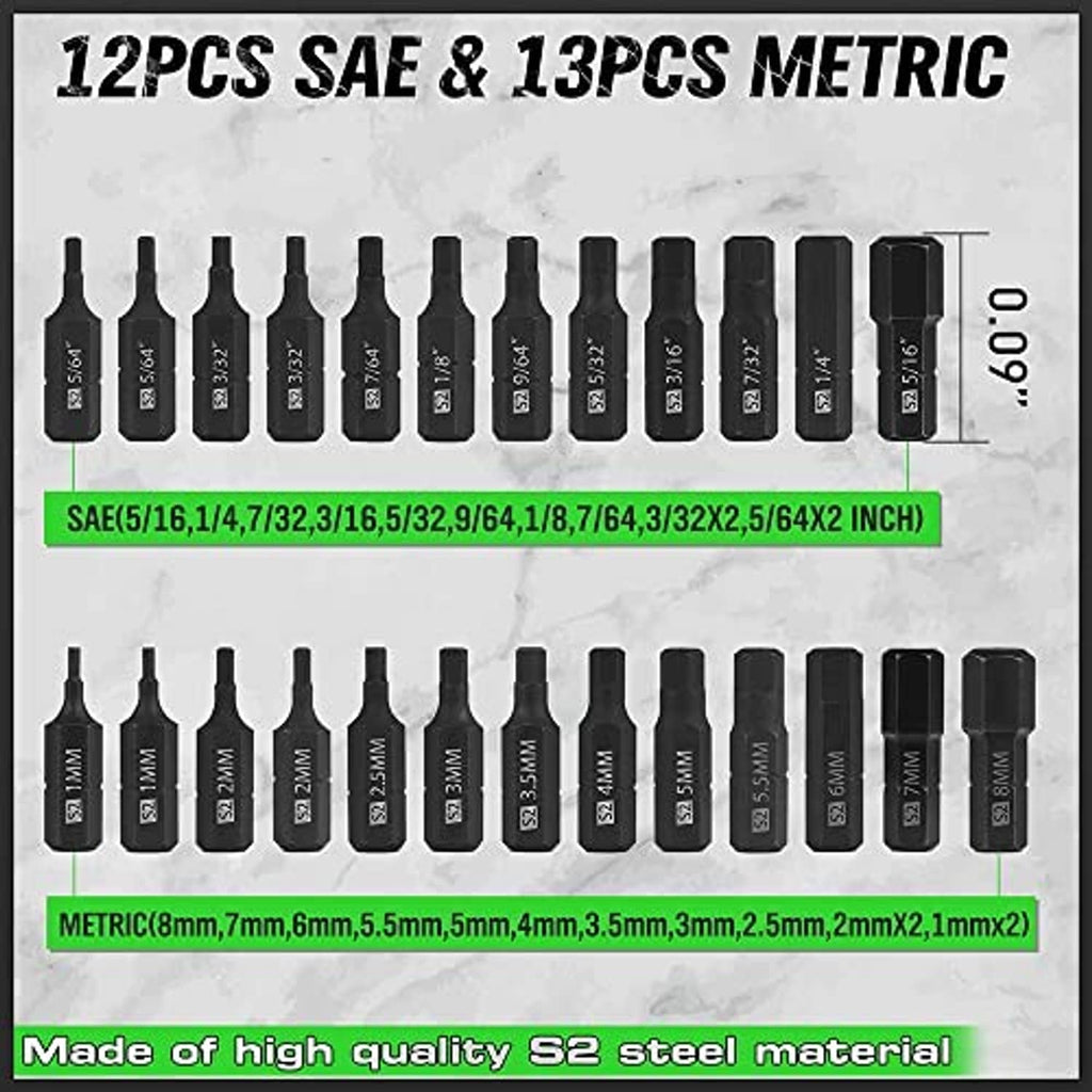 Assorted hex bit set with SAE and metric size bits on two rows