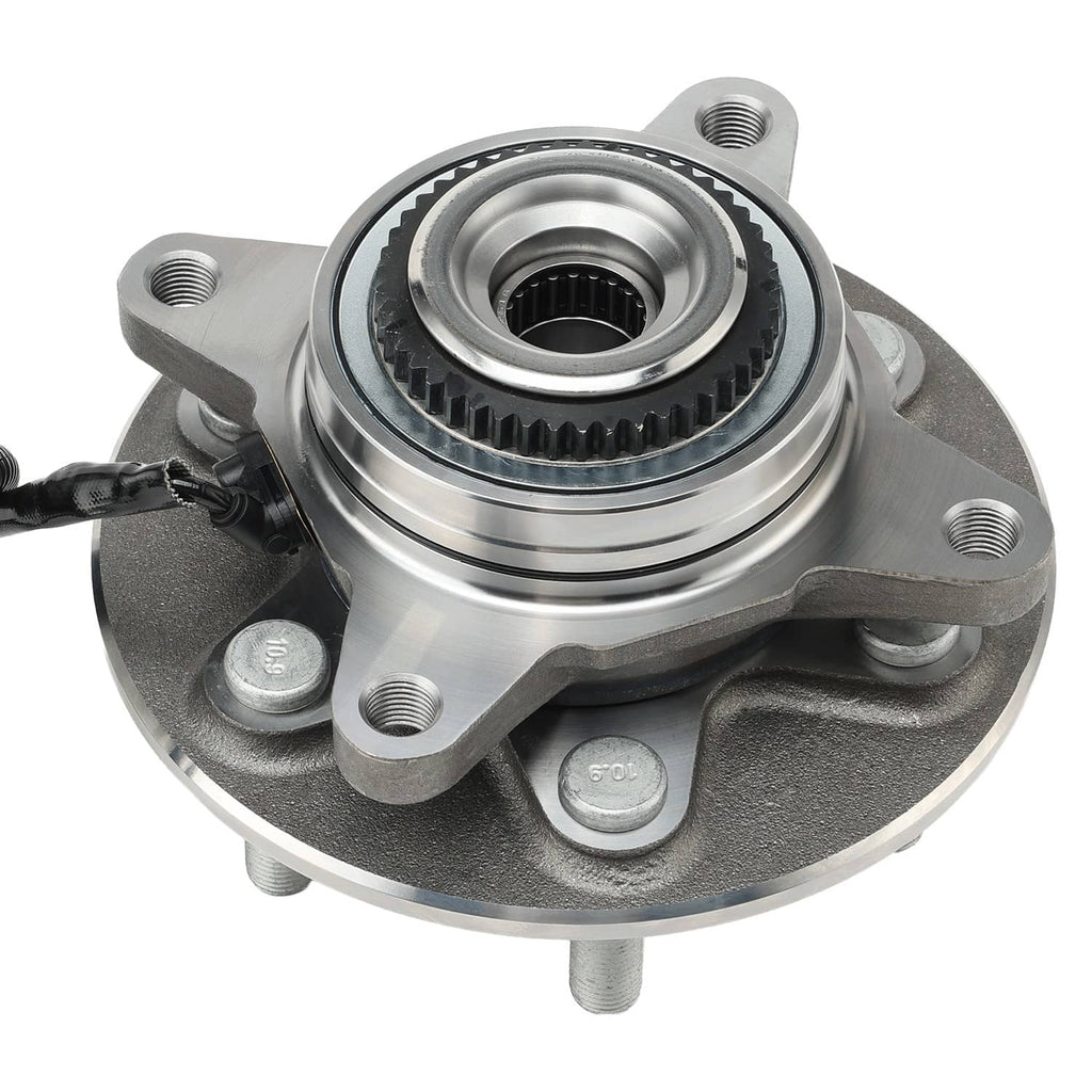 Close-up front wheel hub bearing with metal hub flange, integrated bolt holes