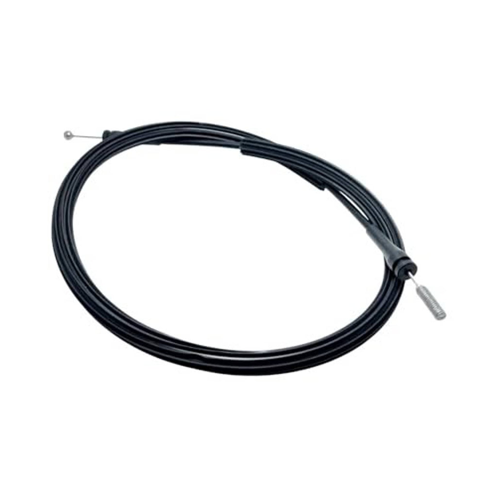 Black car door latch release cable with a single metal adjustment spring at one end