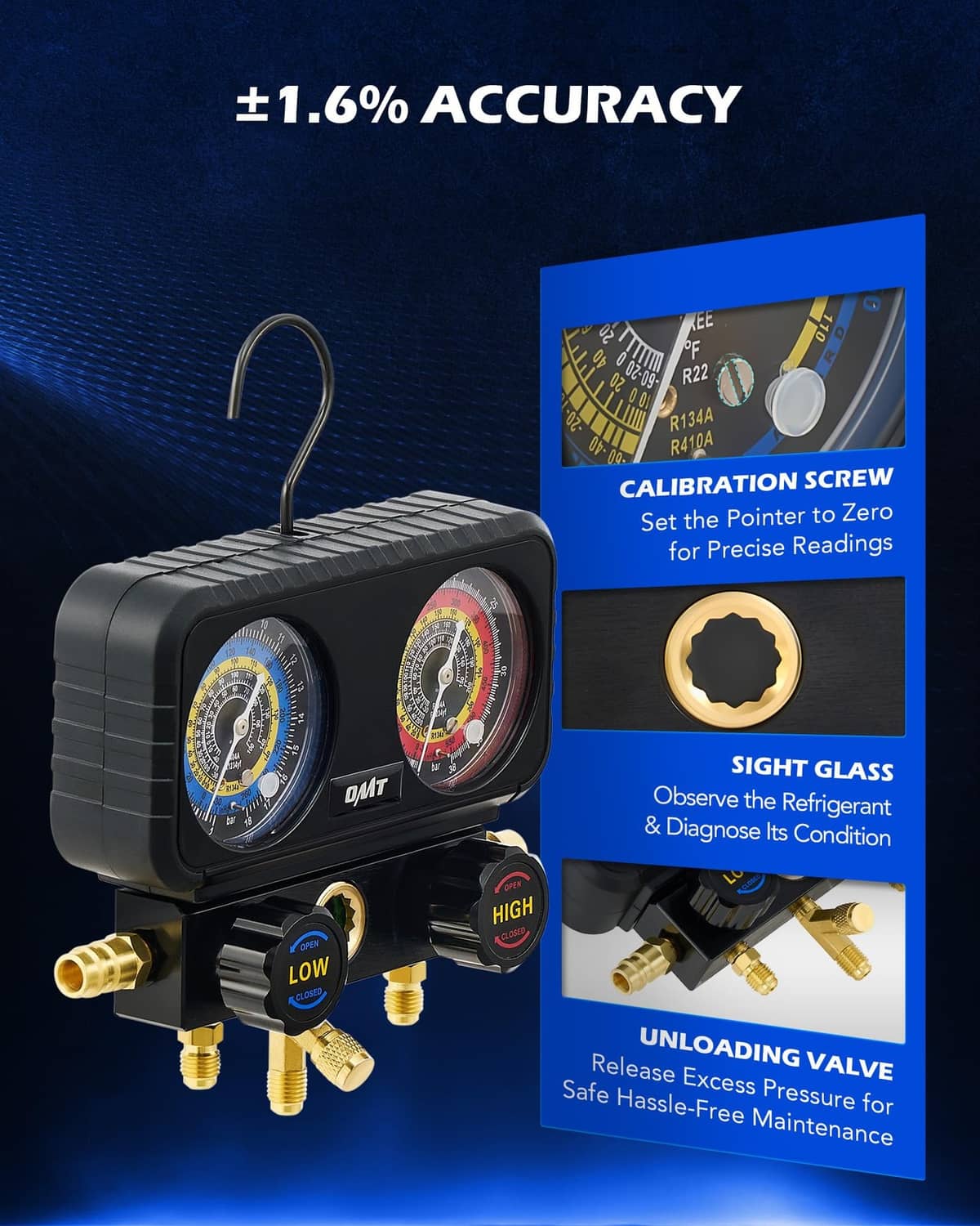 Dual pressure gauge with brass manifold and calibration screw for precise readings