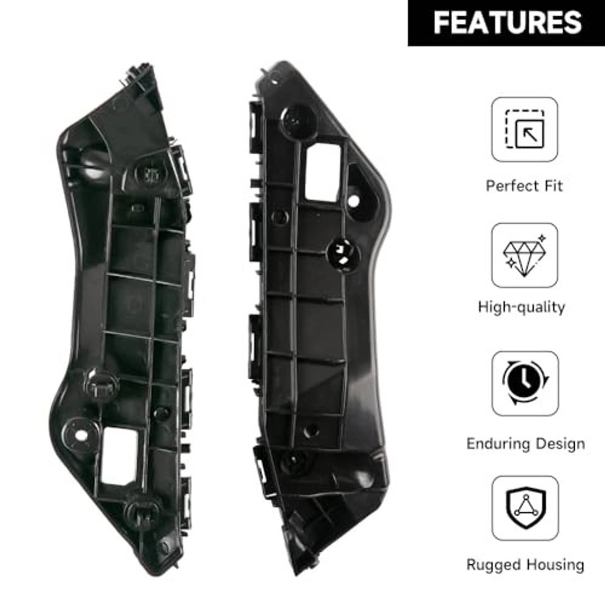 Front bumper bracket mount supports, pair in black plastic with fastening holes