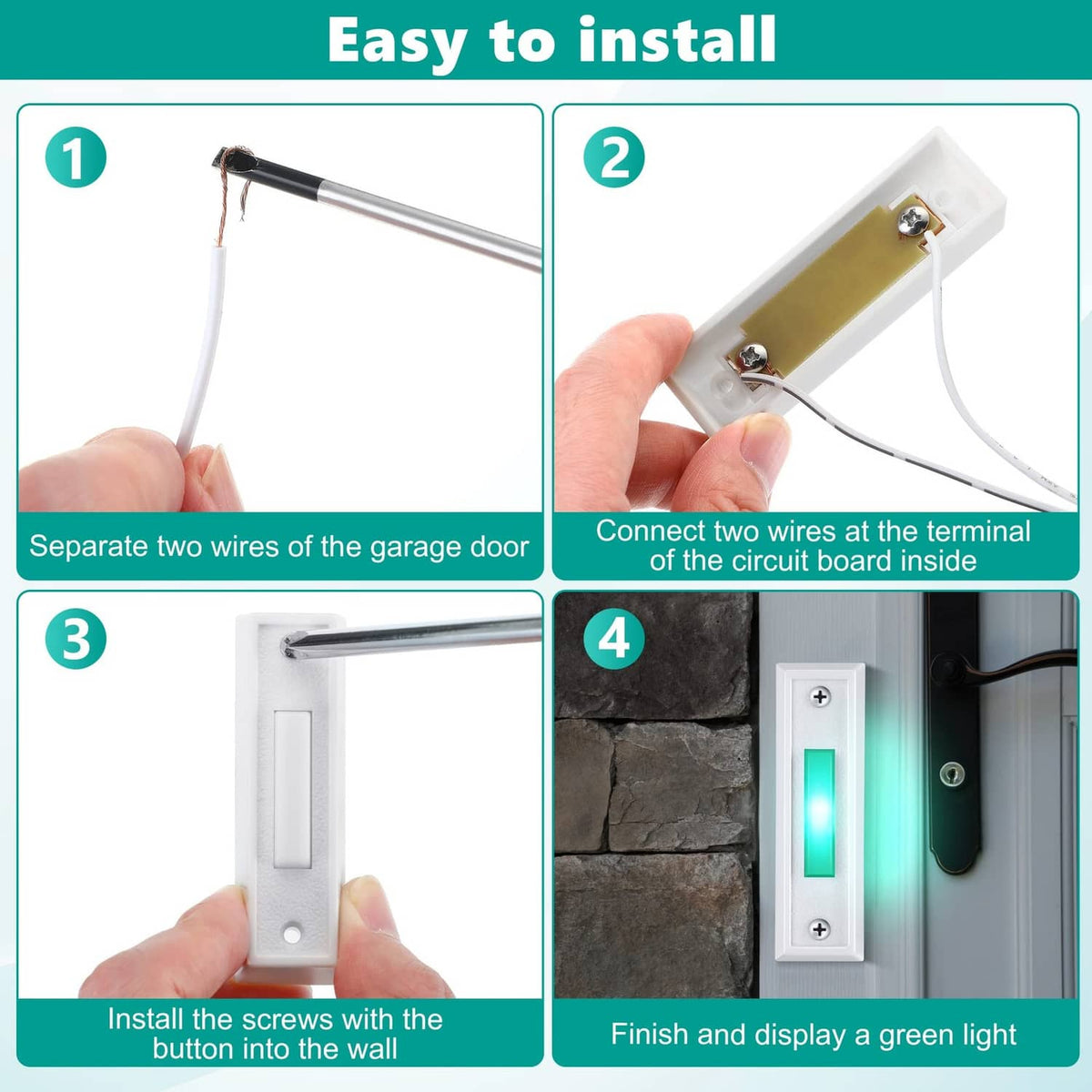 Wired doorbell button installation steps showing wiring and screws
