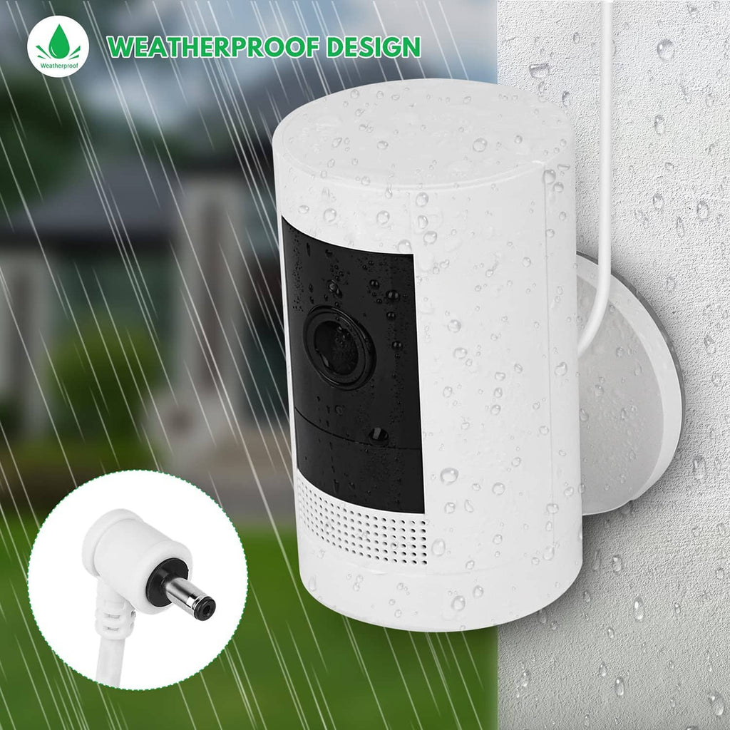 White security camera with water-resistant housing and connected power cable