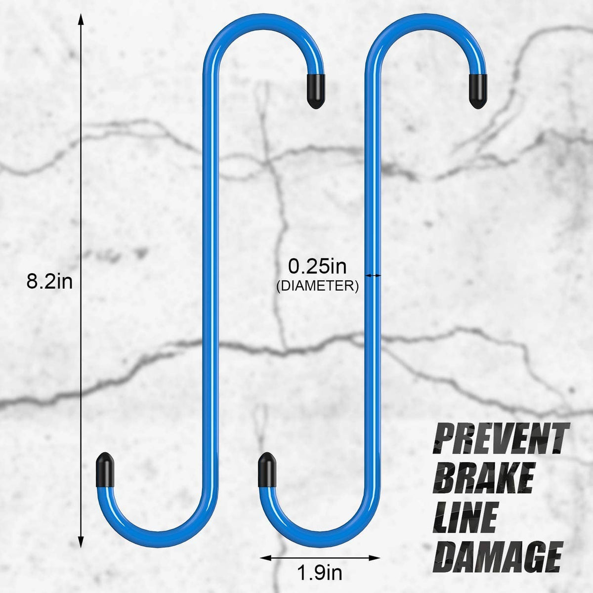 Two blue U-shaped brake caliper hangers with black rubber tips, 8.2 in length
