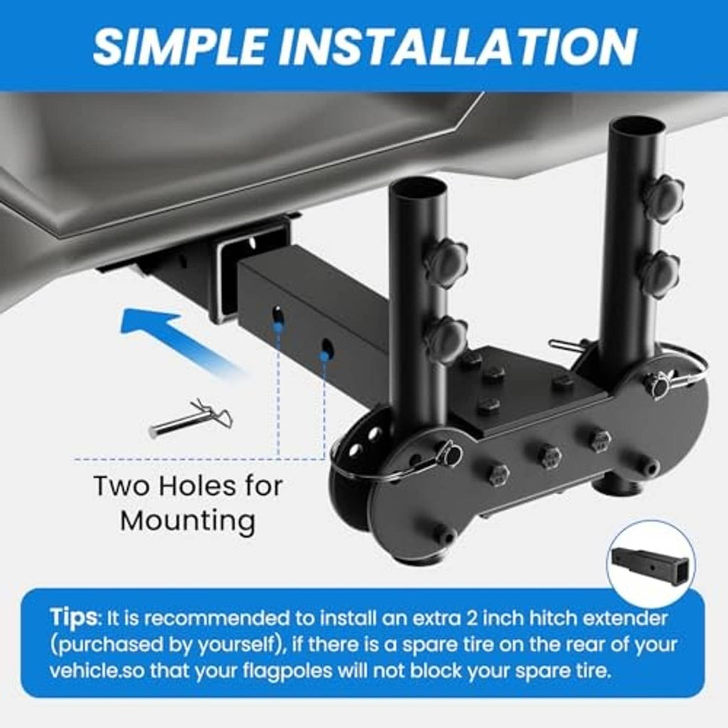 Double hitch flagpole mount with mounting plate and two holes for installation