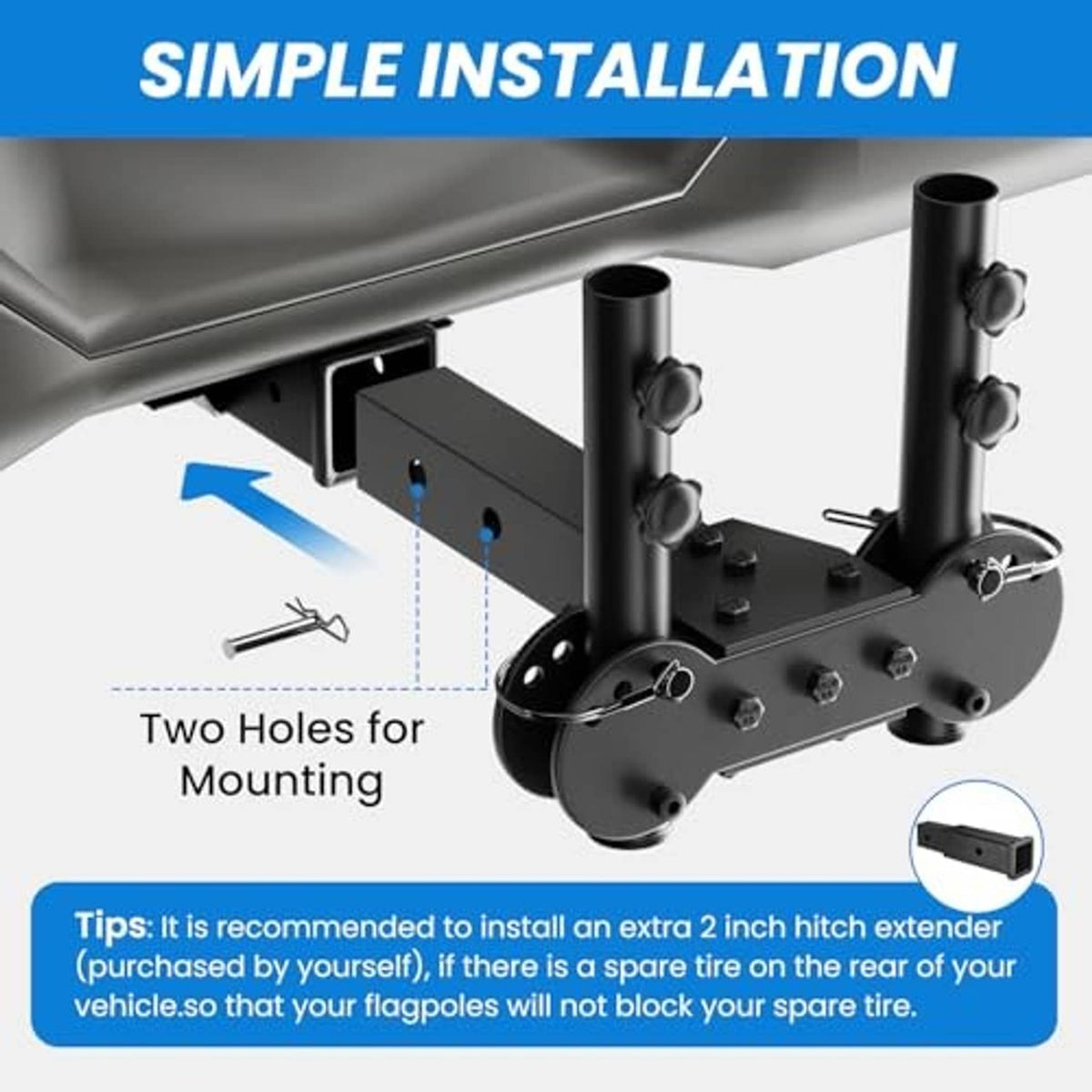 Double hitch flagpole mount with mounting plate and two holes for installation