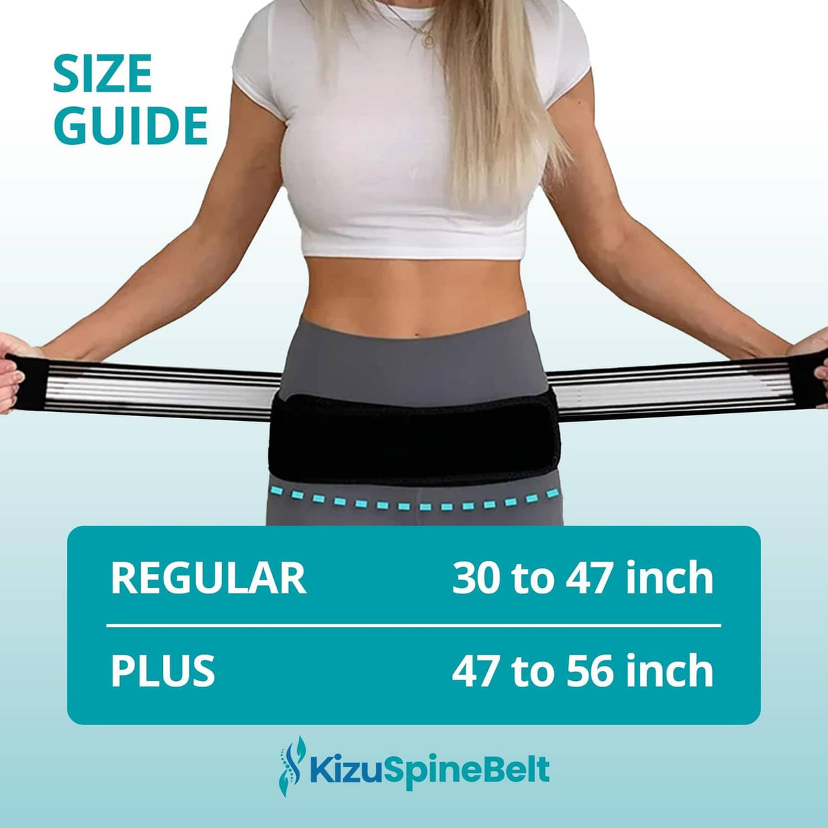 Black adjustable belt size guide view, worn around the waist over a top