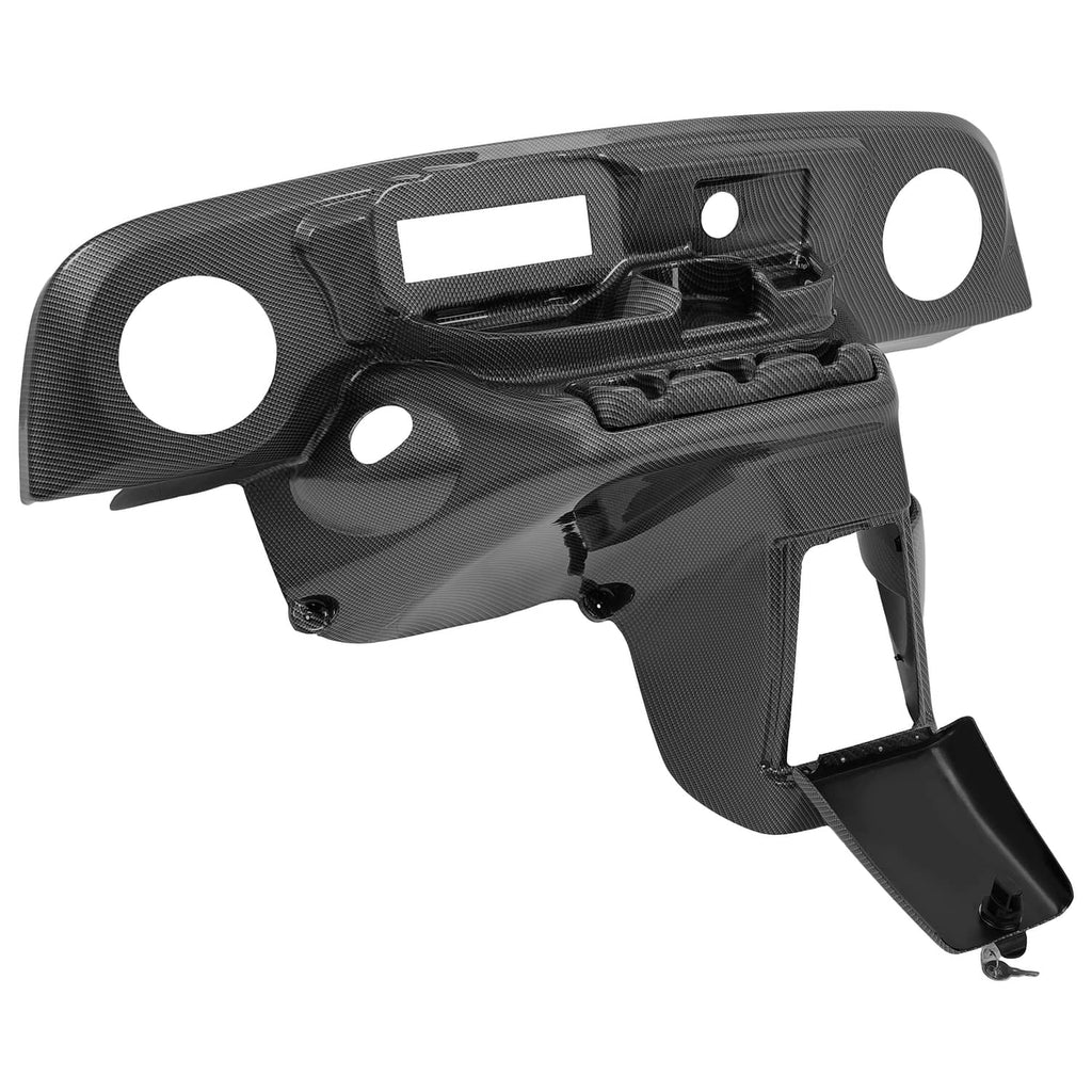 Carbon fiber style dash panel with radio and speaker cutouts, dark finish, mounting points