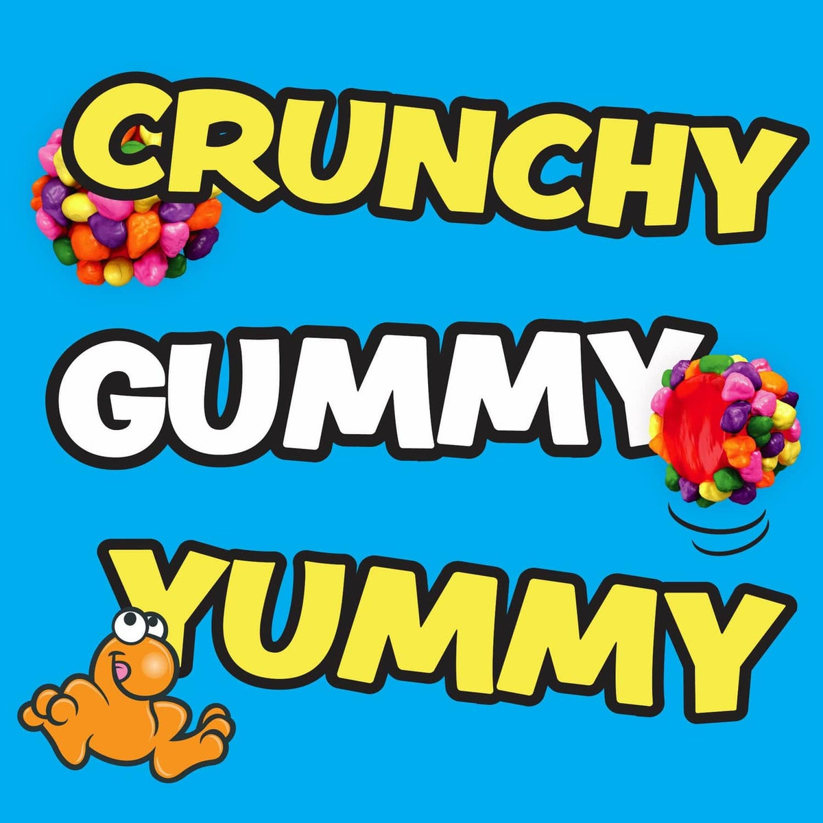 NERDS candy graphic with “CRUNCHY GUMMY YUMMY” text and candy cluster icons
