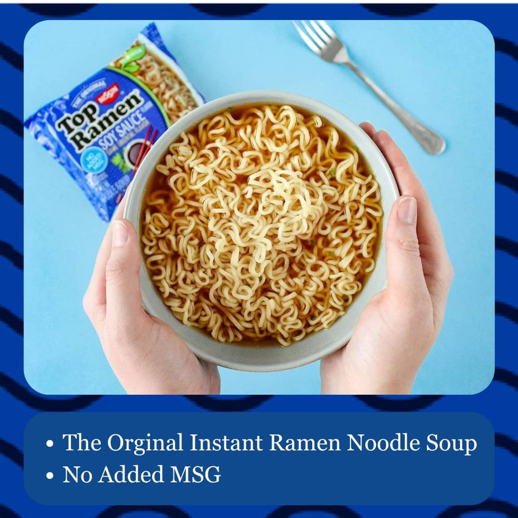 Top Ramen soy sauce instant ramen bowl of noodles held in hands