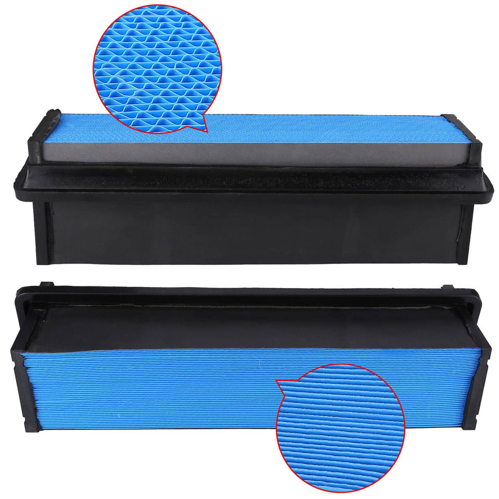 Engine air filter with blue pleated media, showing top and inner layer