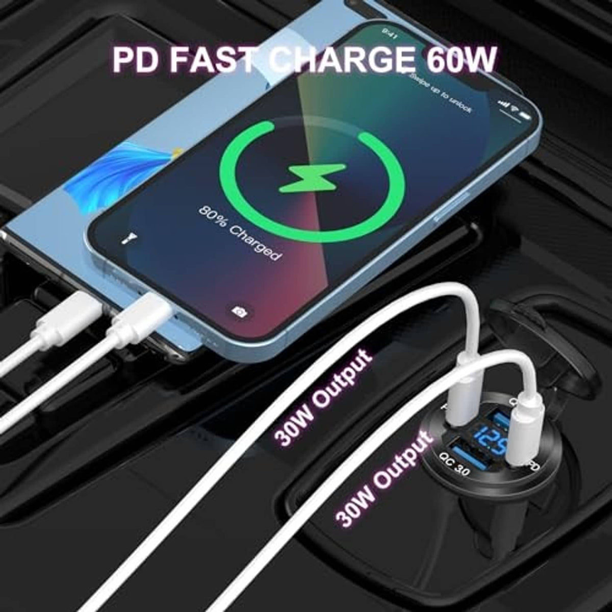 Black 12V USB outlet charger with built-in 30W outputs and attached USB cables
