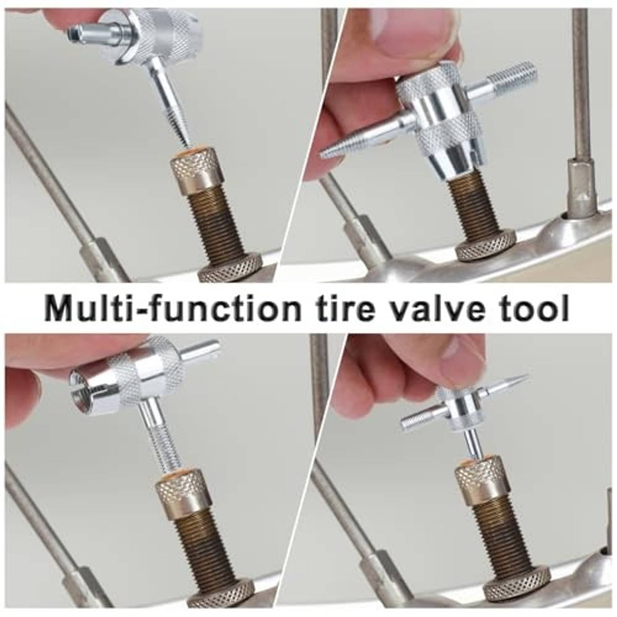 Multi-function tire valve core tool, chrome 4-in-1 with extractor tip and stem