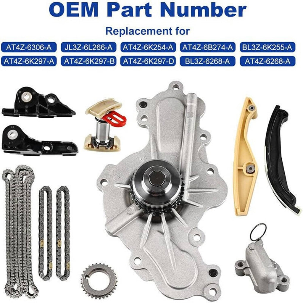 Timing chain and water pump kit with water pump, chain rails, tensioners, and guide brackets