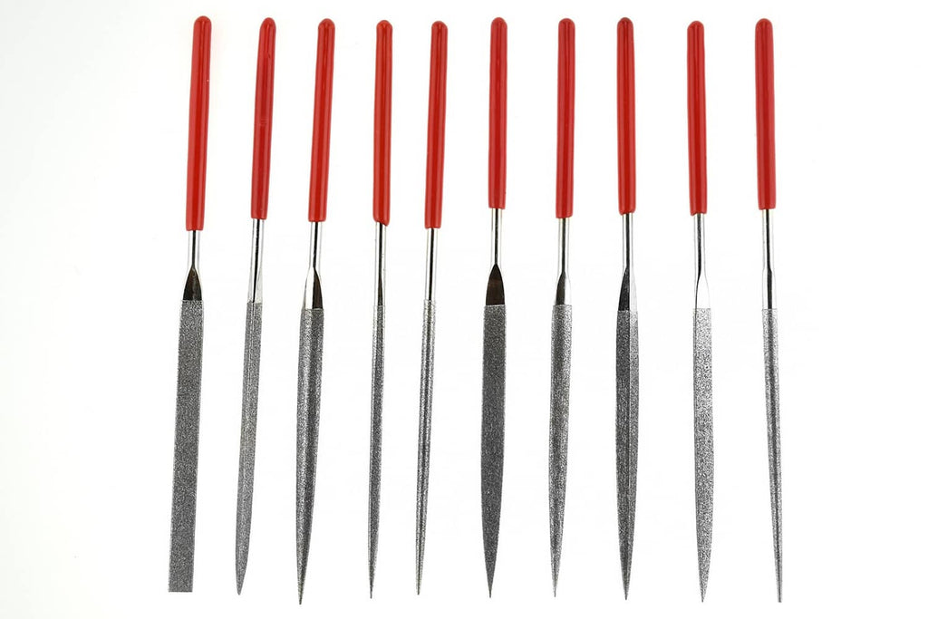 10 diamond needle files with red handles and gray tapered points, assorted shapes