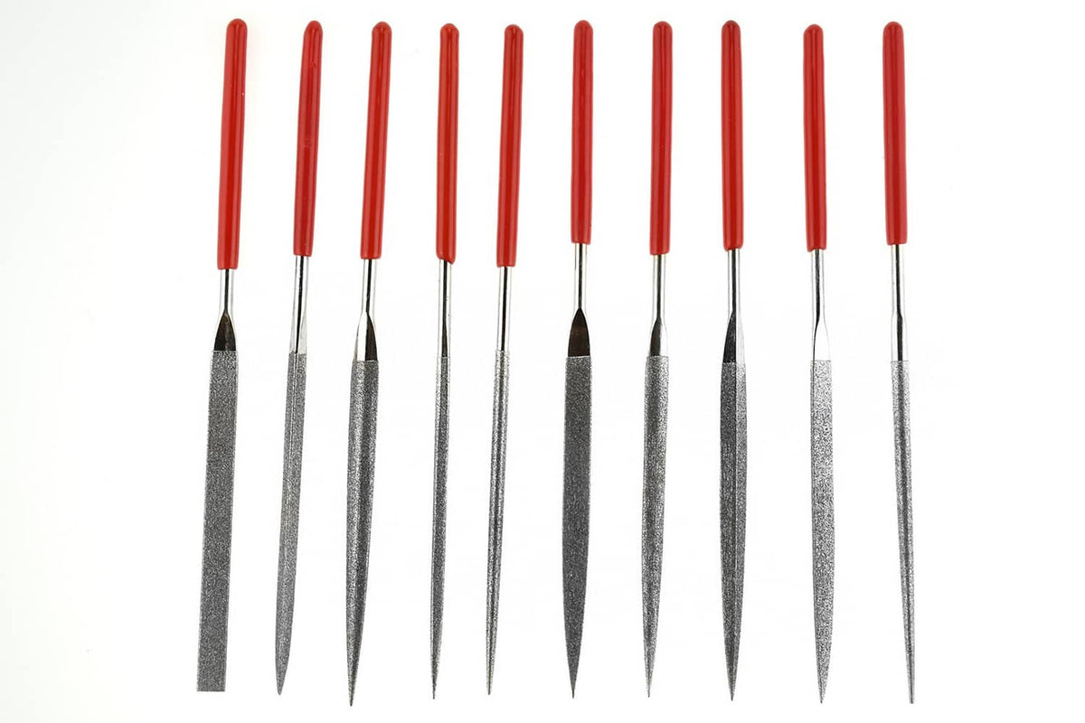10 diamond needle files with red handles and gray tapered points, assorted shapes