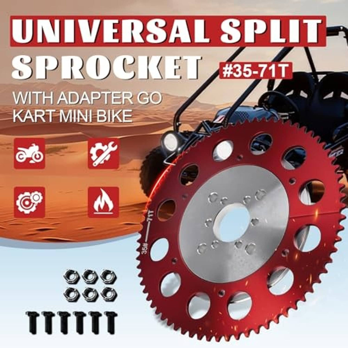 Red split sprocket gear with silver hub and included adapter