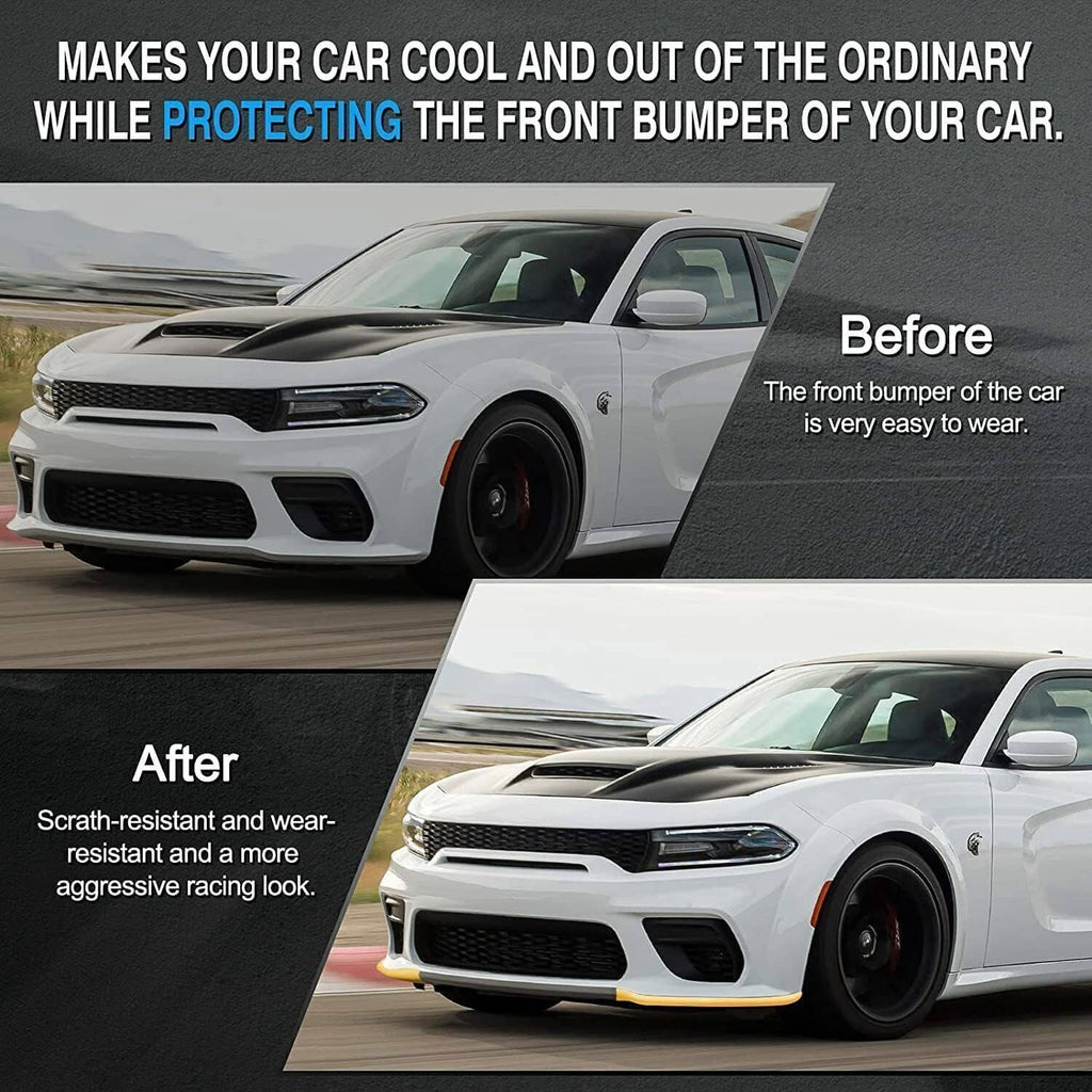 Yellow front bumper lip splitter protector installed on a sports car front