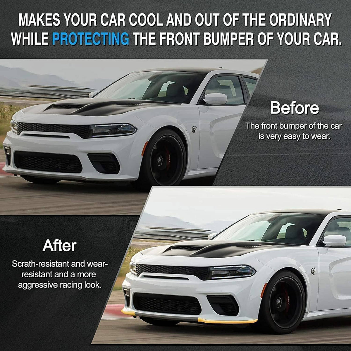 Yellow front bumper lip splitter protector installed on a sports car front