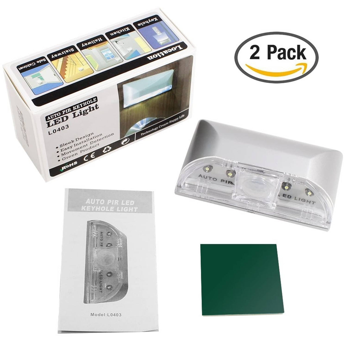 2-pack auto PIR keyhole LED light kit with one fixture, box, and instructions