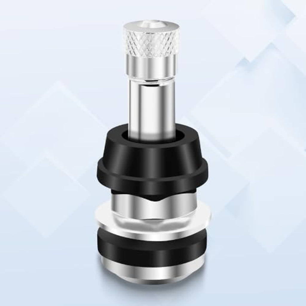 Single metal tire valve stem with silver shaft and black rubber clamp base