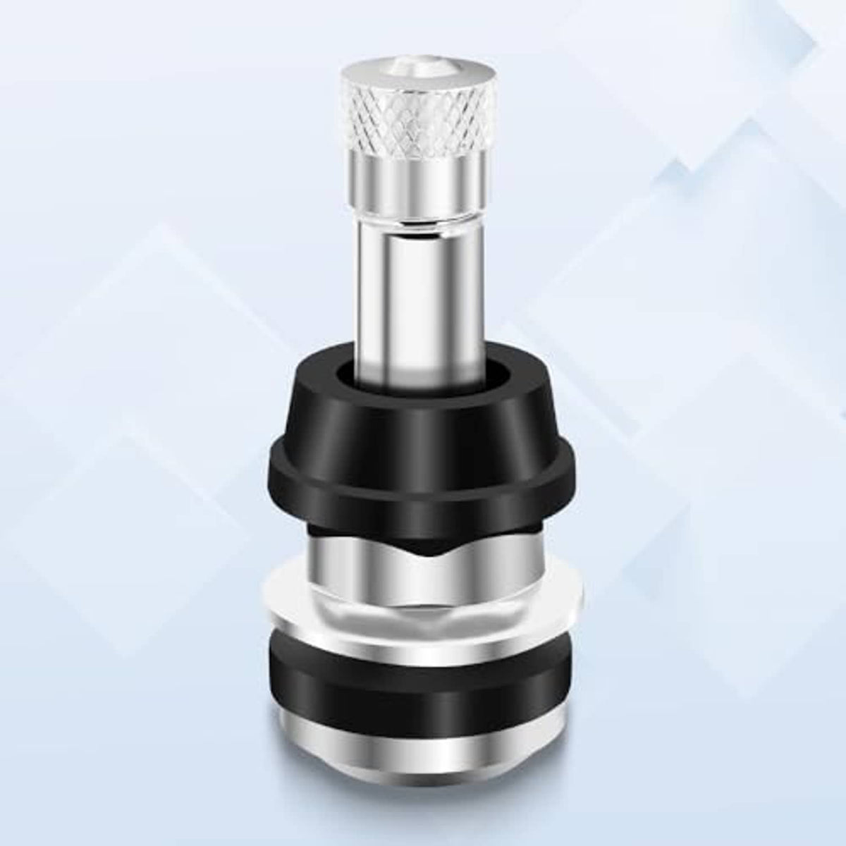 Single metal tire valve stem with silver shaft and black rubber clamp base