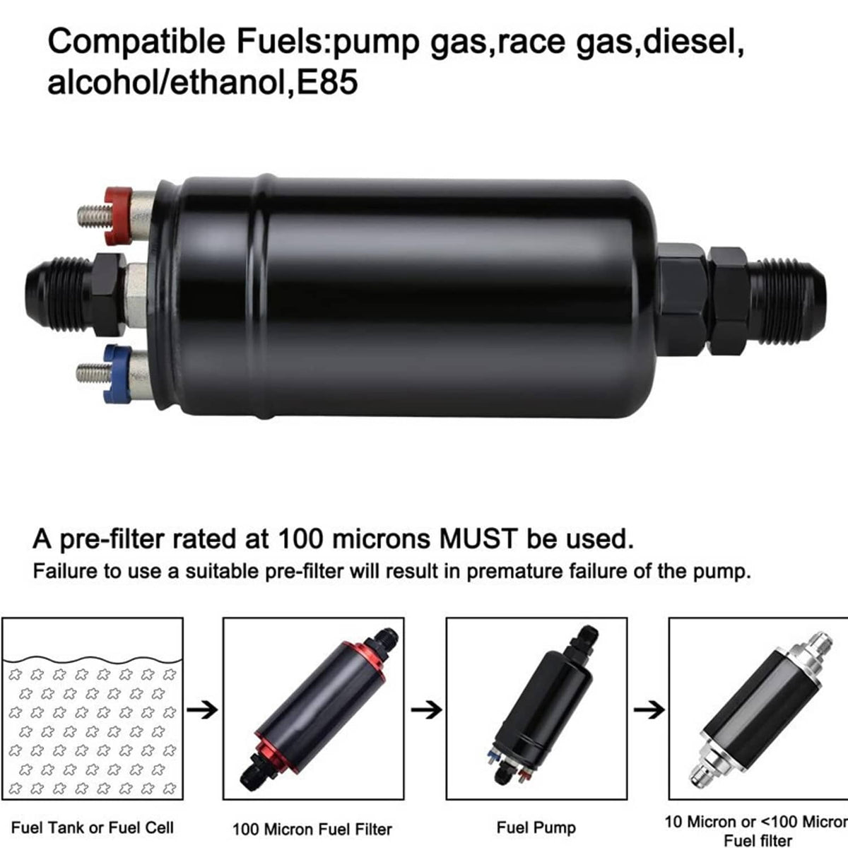 Black inline electric fuel pump with end fittings and compatible fuel filter diagram