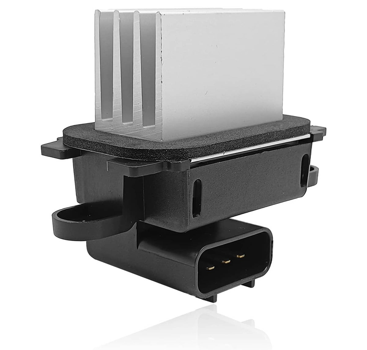 HVAC blower motor resistor module with aluminum heat sink and black plastic housing