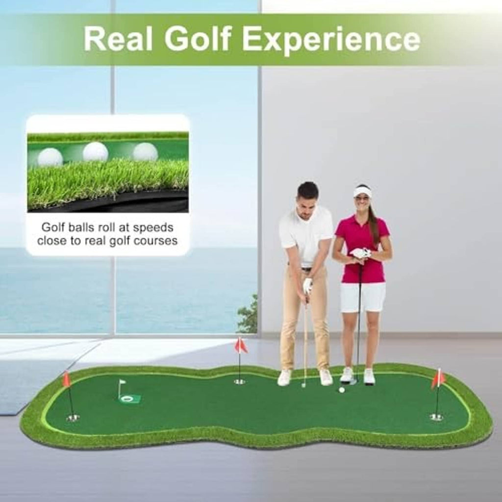 Green indoor putting green mat with movable holes, white balls, and red flags