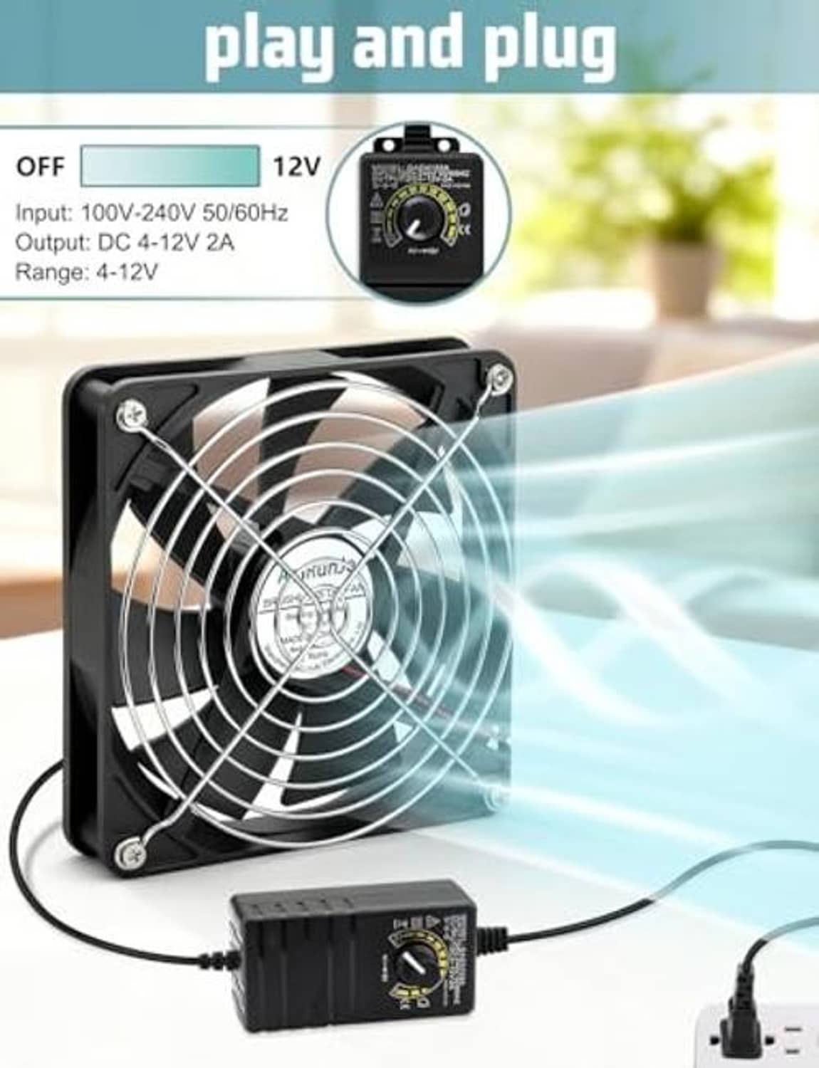 Computer cooling fan with DC speed controller and power cord for 12V use