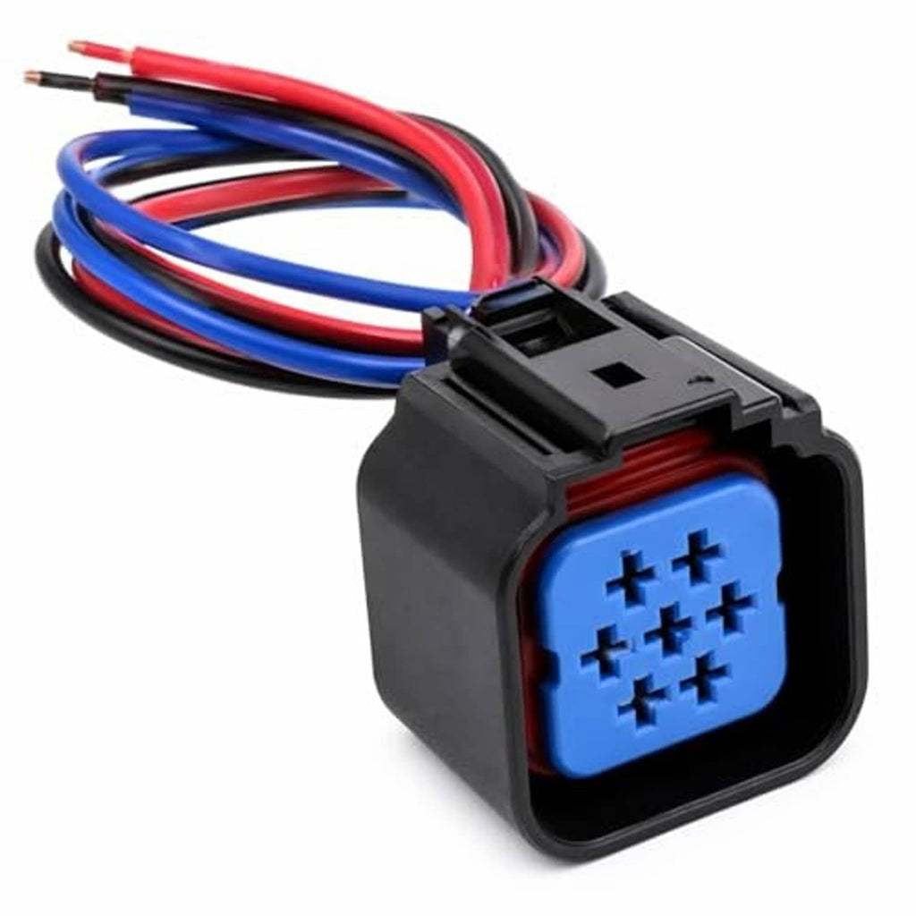 7-pin headlight connector pigtail with blue socket and red/blue/black wire leads