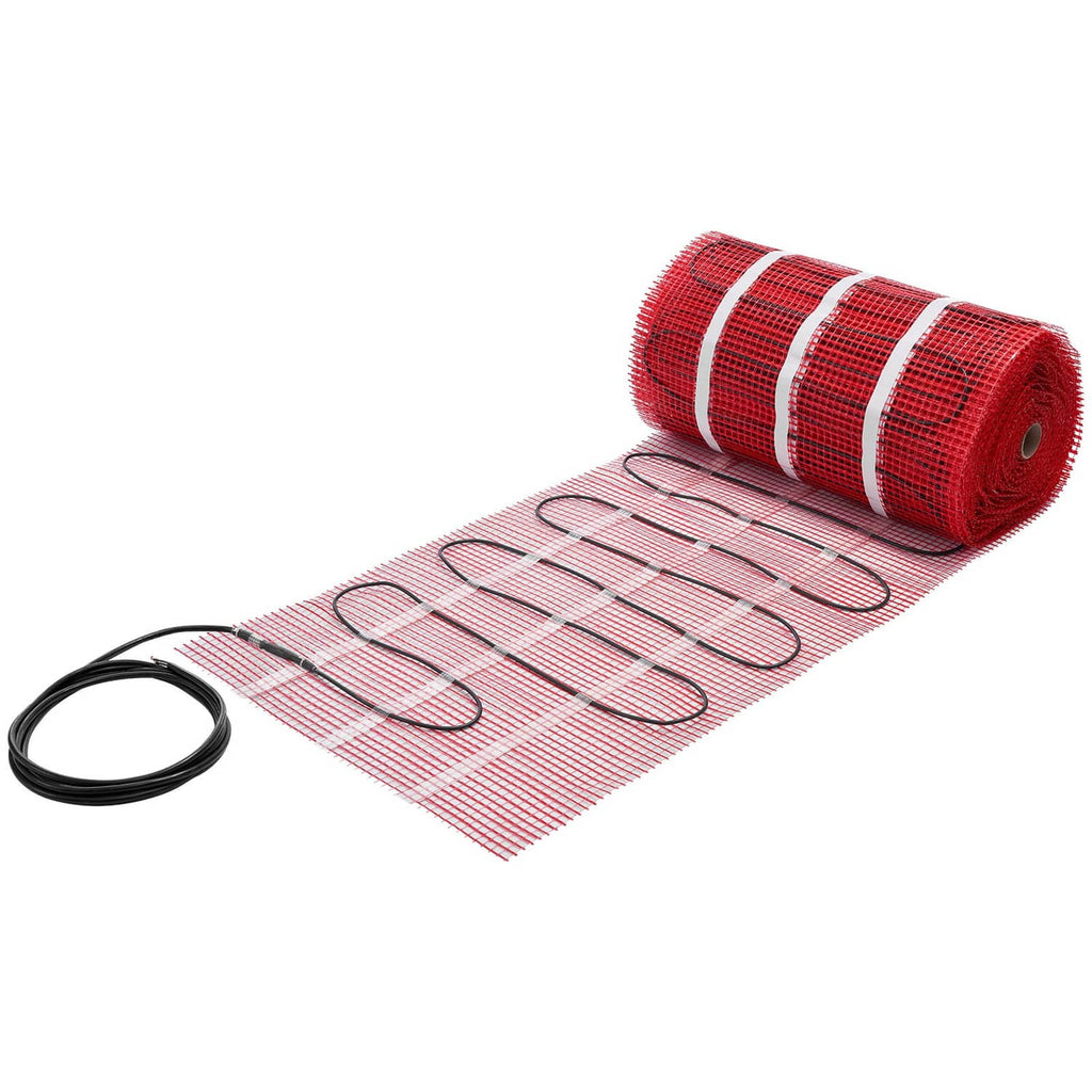 Red self-adhesive heating mat roll with embedded wire coils and black cable