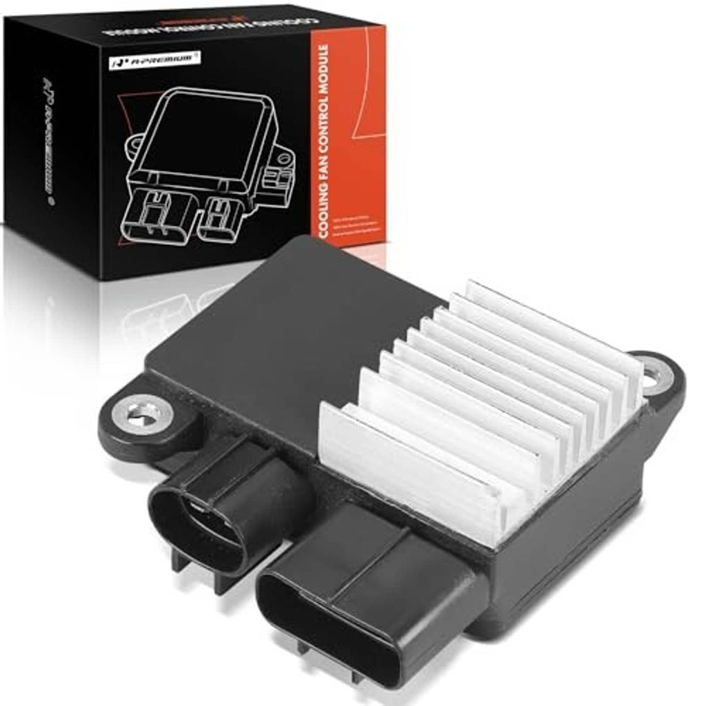 Engine cooling fan control module with black connector ports and silver heat sink fins