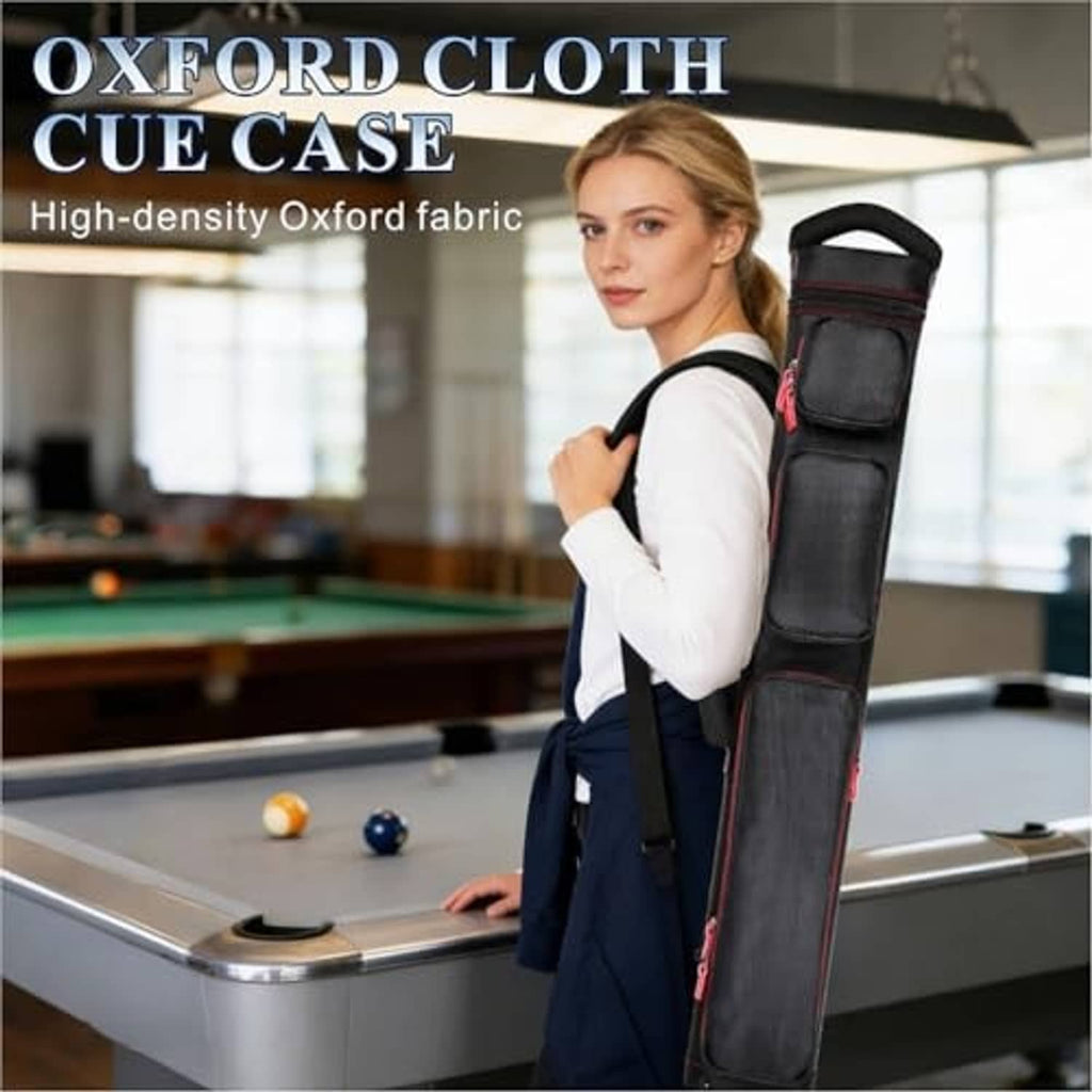 Nylon pool cue case, black with pink accents, shown being carried on shoulder strap