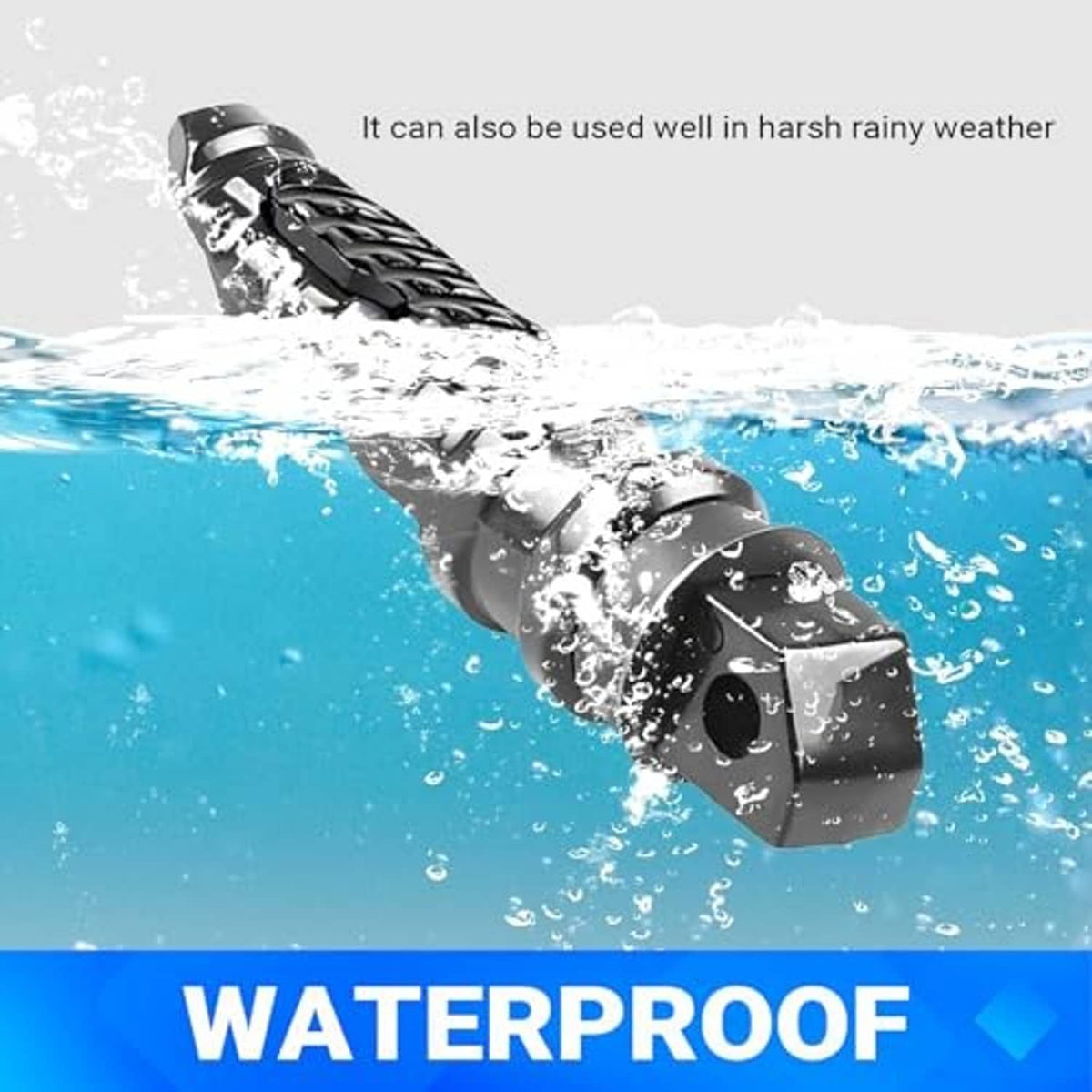 Black motorcycle alloy footpegs shown in water with splash droplets