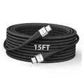 Black 15FT USB-C to USB-C cable with metal connector ends, coiled neatly.
