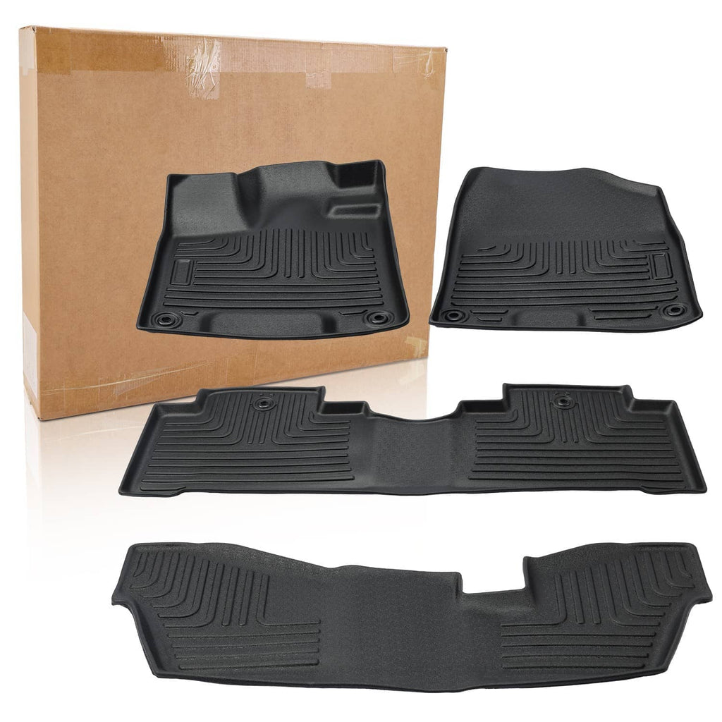 All-weather black rubber floor mat set with raised channels and center console cutout