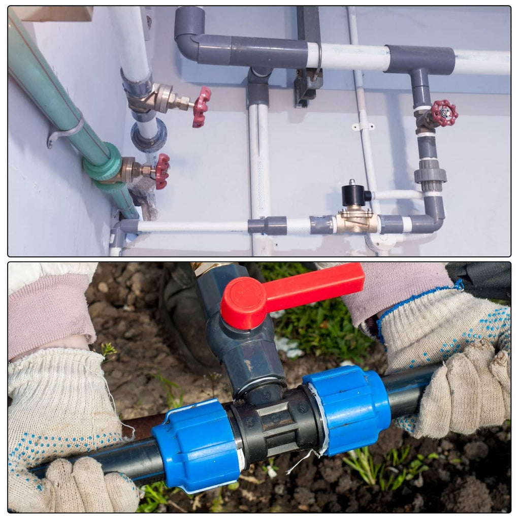 Gray UPVC reducer fitting connected in a plumbing line setup