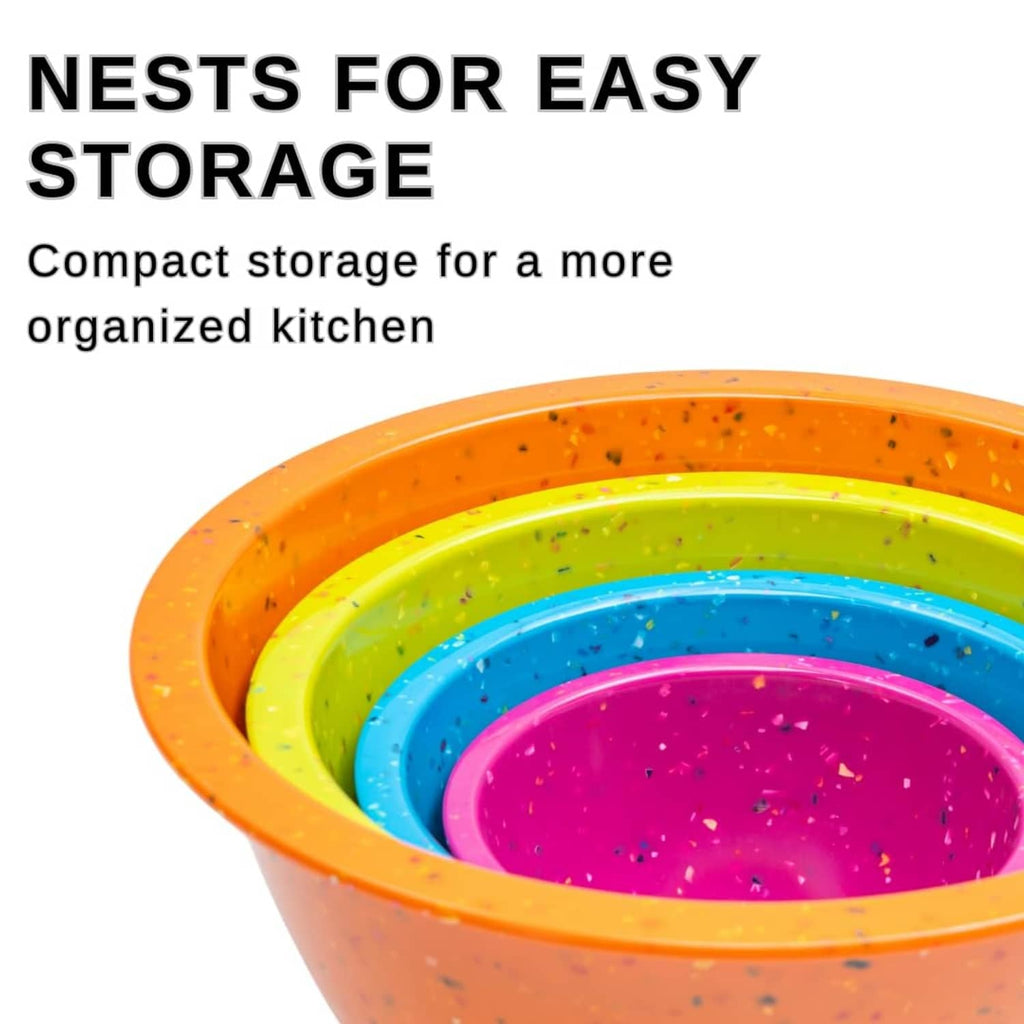 Nested mixing bowls in orange, lime green, blue, and purple, confetti-speckled