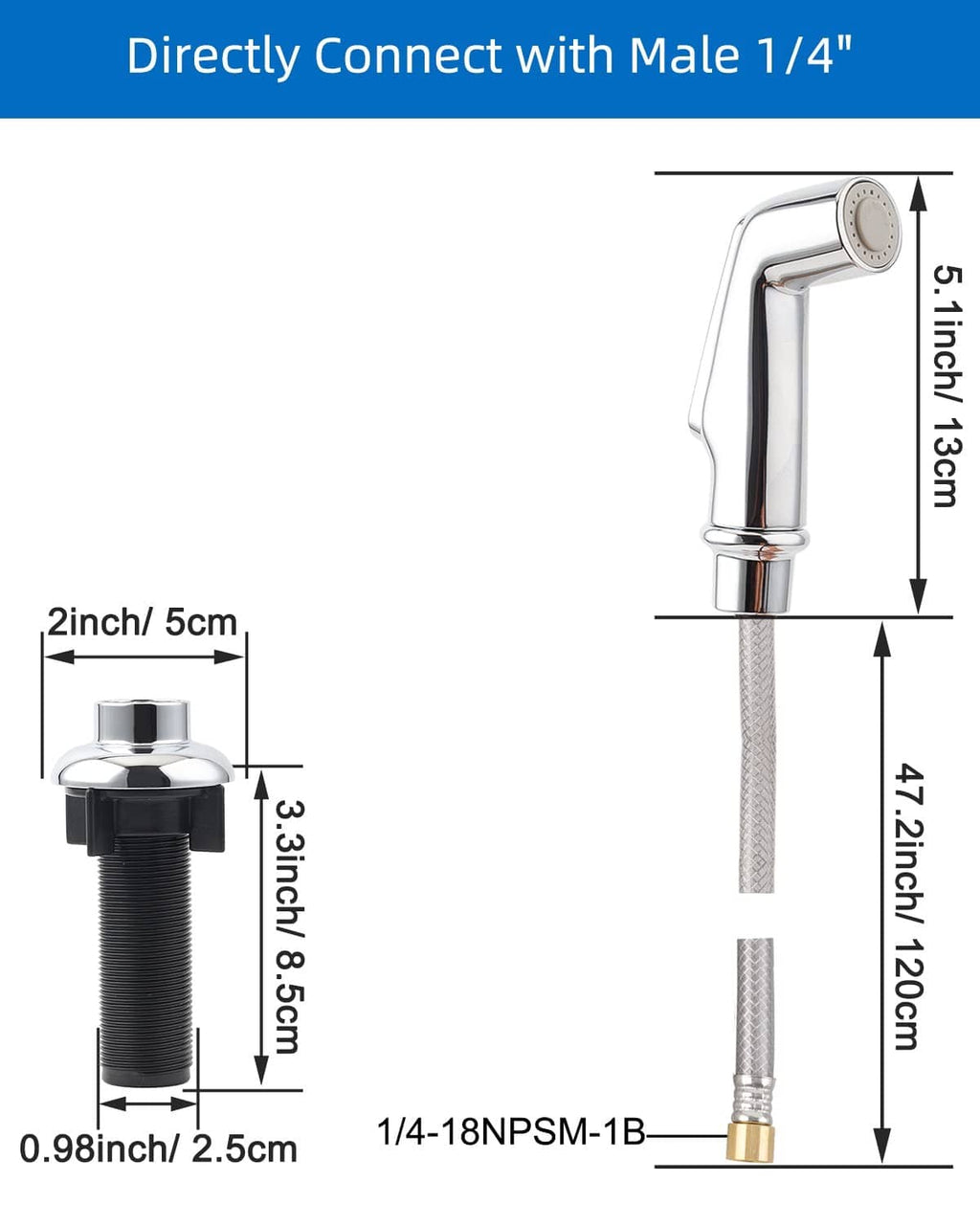 Chrome side sprayer with braided hose and 1/4-inch male connector, size diagram