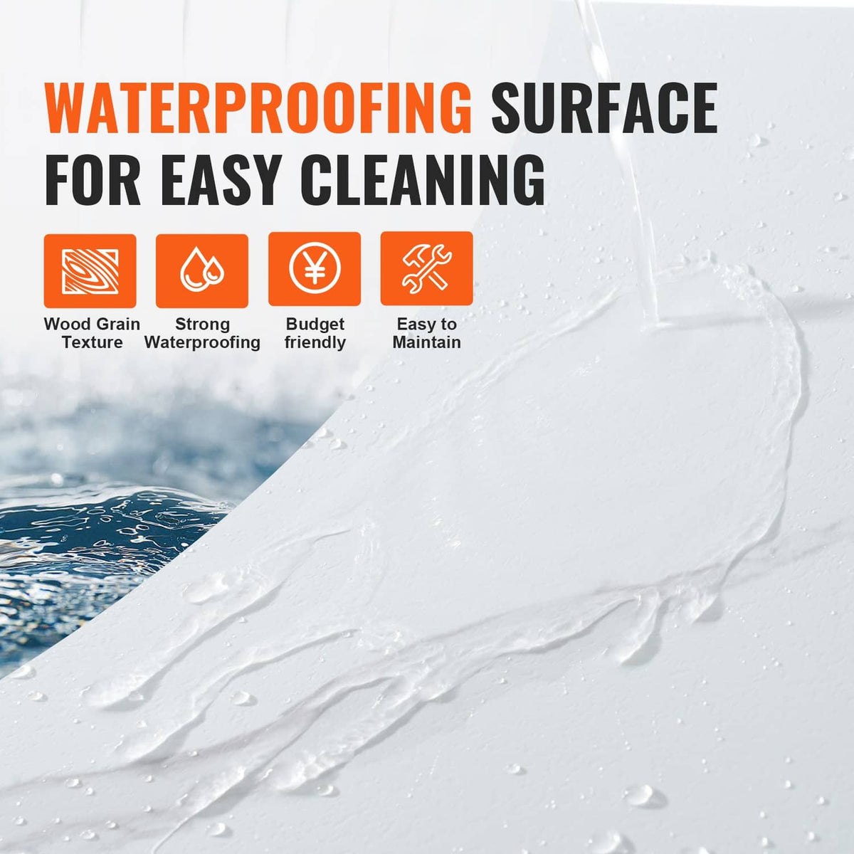 Water-resistant white marble-pattern vinyl surface with water droplets
