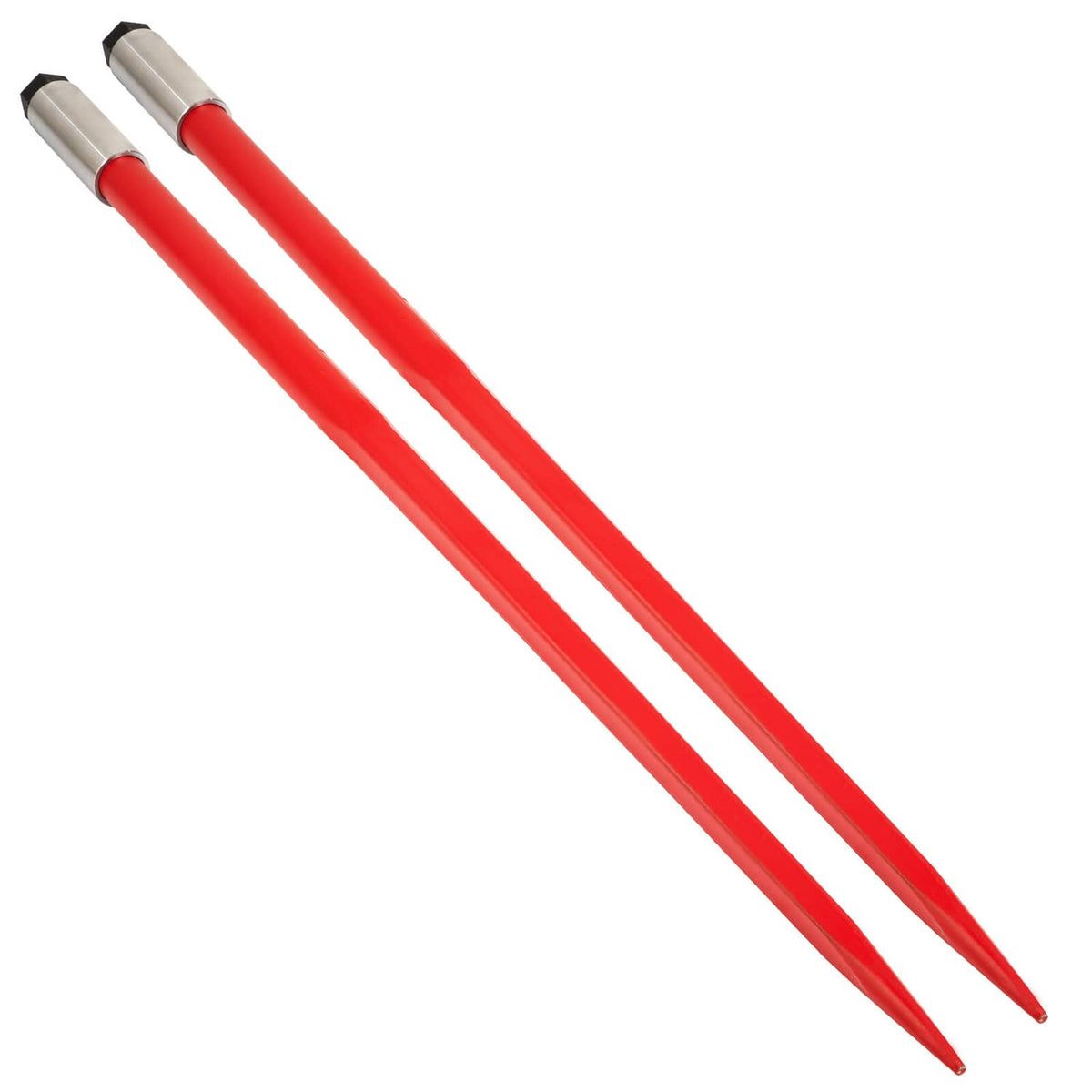 Two red hay bale spear prongs with gray metal shanks and pointed tips