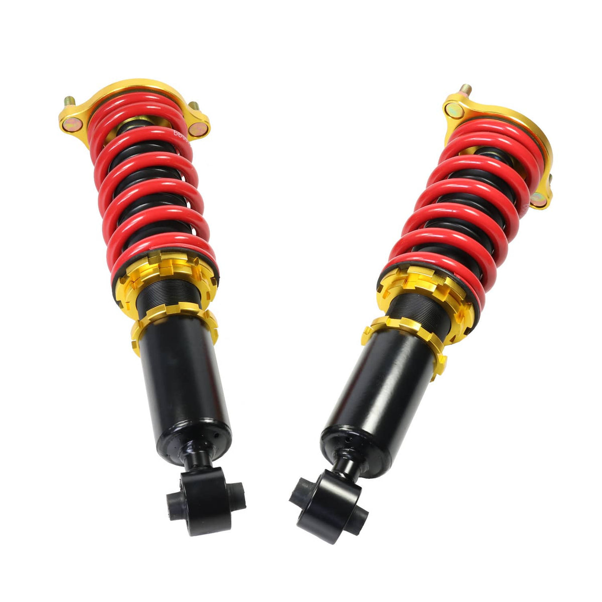 Two adjustable coilover struts with red springs, black shocks, gold collars and caps