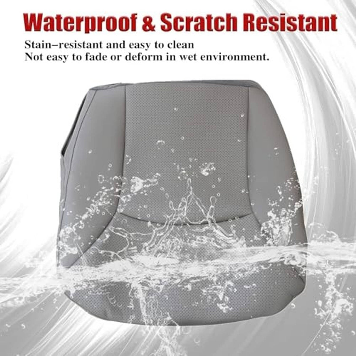 Gray textured seat cover shown with water splash overlay and contoured cushion shape.