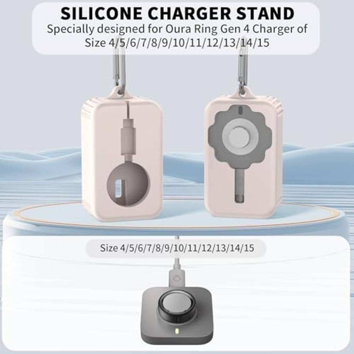 Pair of off-white silicone charger stand covers with gray inserts and hanging loops