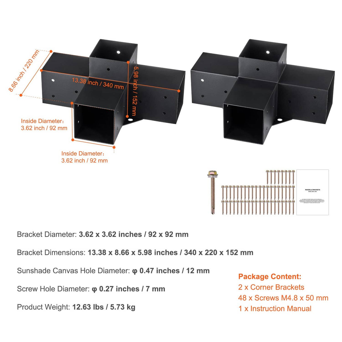 Black 4-way pergola post bracket kit, 2-piece corner bracket set with screws